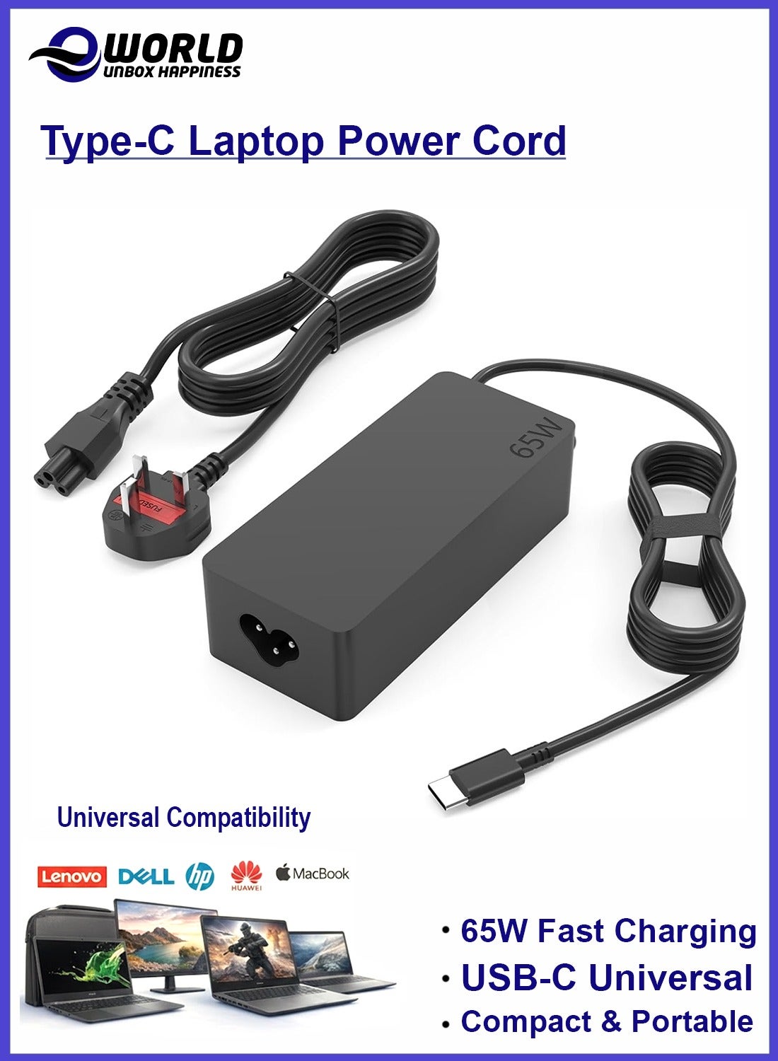 Eworld 65W USB-C Charger for Lenovo, Dell, HP, Acer, ASUS, Samsung, MacBook, Chromebook & More – Type-C Laptop Power Adapter with Safety Protections – 20V 3.25A PD Fast Charging AC Adapter